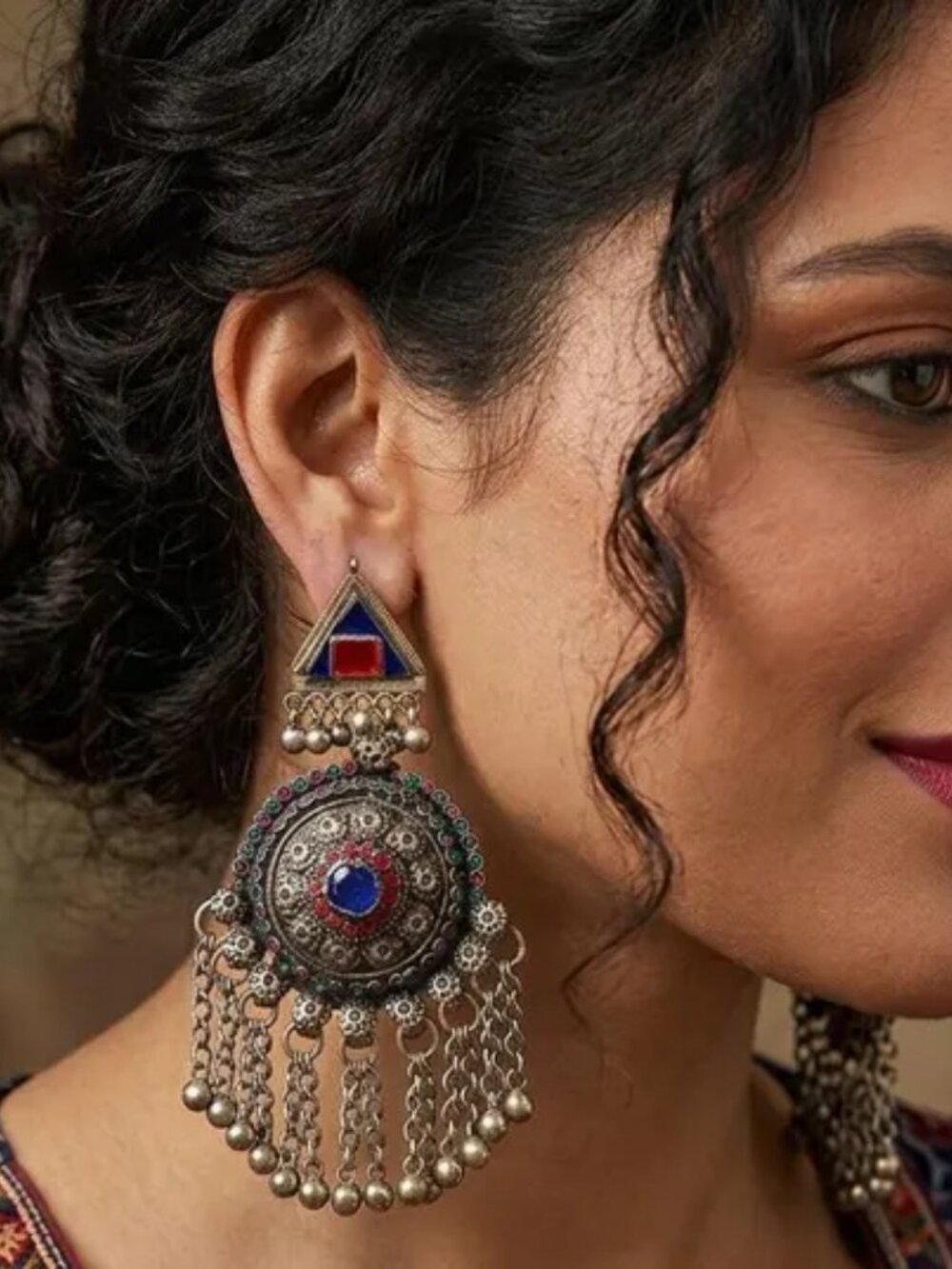Vintage Tribal Dangle Earrings: Red, Blue & Green Glass Stones